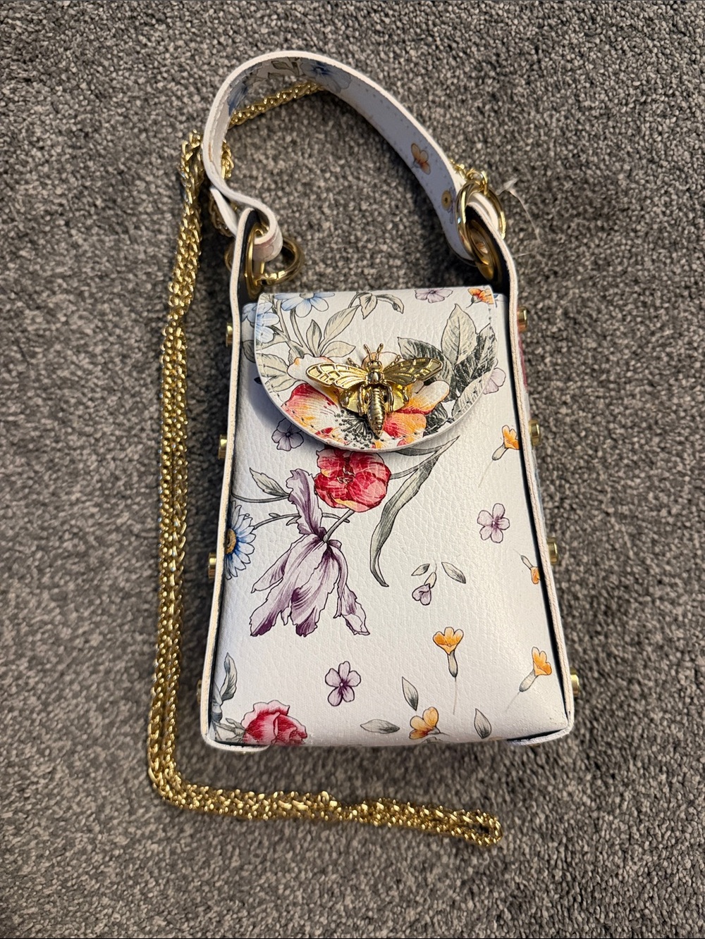 Vera Pelle White Floral Mini Bag with Gold Bee Accent